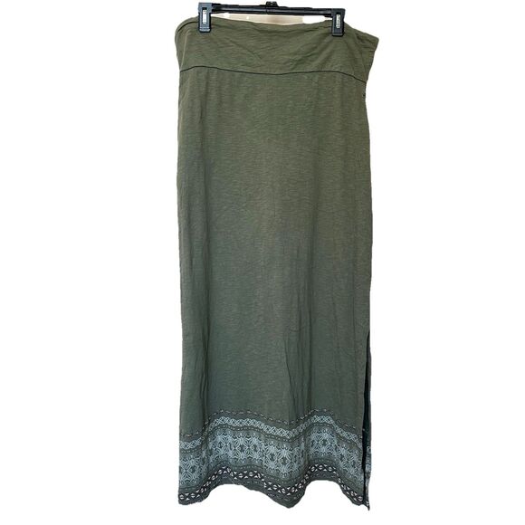 Eddie Bauer Maxi Skirt Lg Embroidered Olive Green Side Slit Pullon Bohemian - Picture 1 of 8